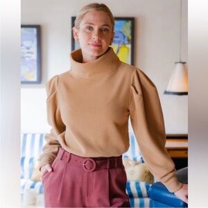Women's Camel Puff-Sleeve Turtleneck Sweater